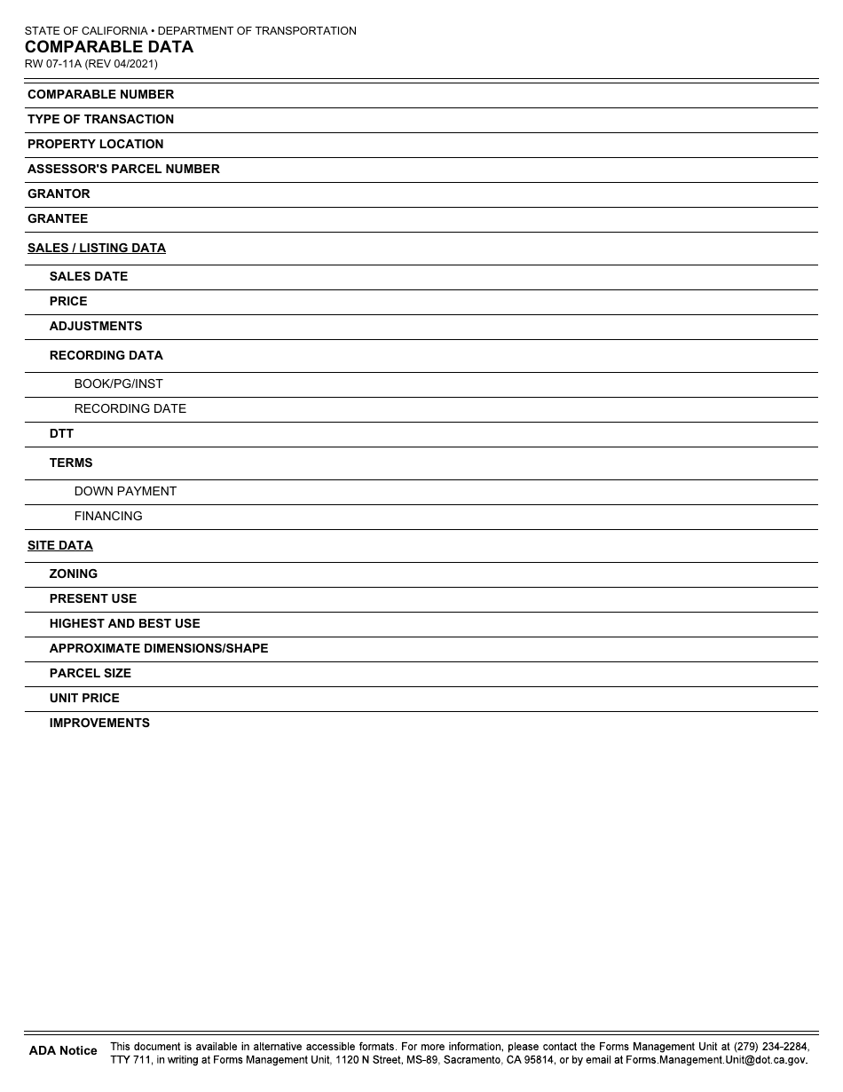 Form RW07-11A Comparable Data - California, Page 1