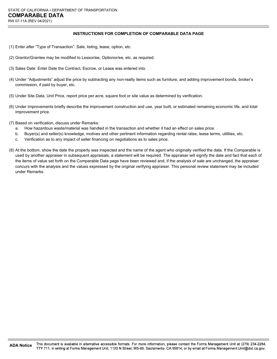 Form RW07-11A Comparable Data - California, Page 3
