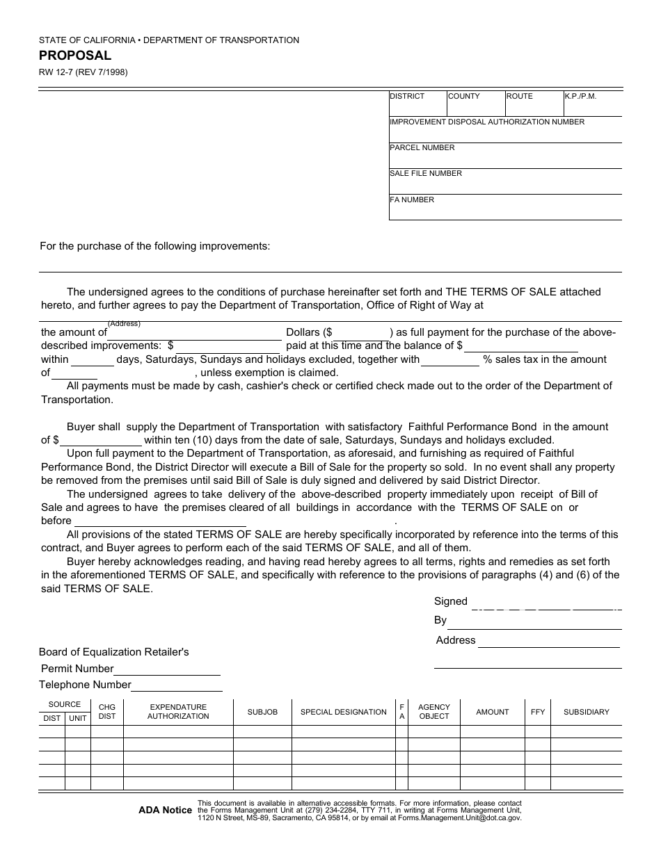 Form RW12-7 Proposal - California, Page 1