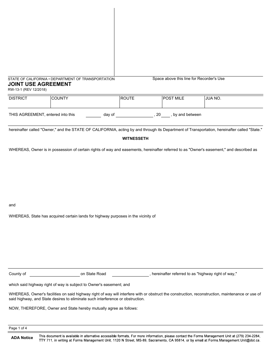 Form RW-13-01 Joint Use Agreement - California, Page 1