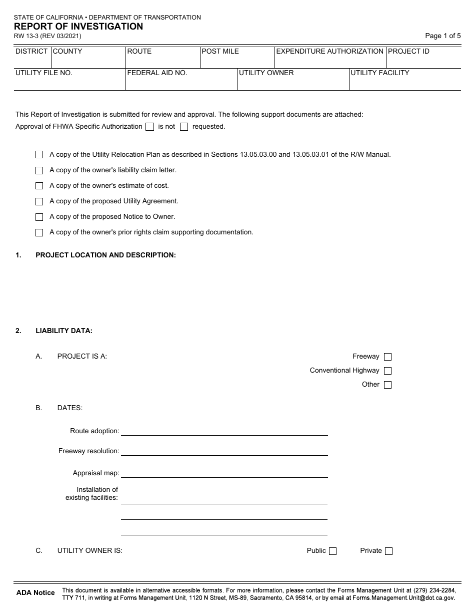 Form RW13-3 Report of Investigation - California, Page 1