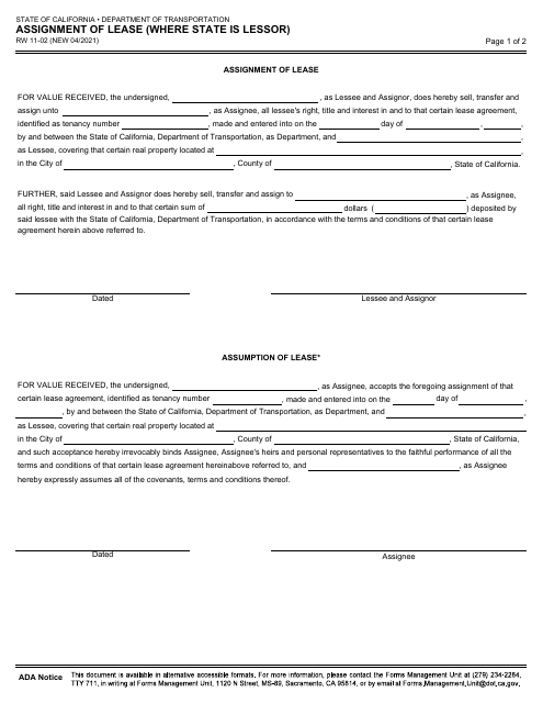 Form RW11-02 Assignment of Lease (Where State Is Lessor) - California