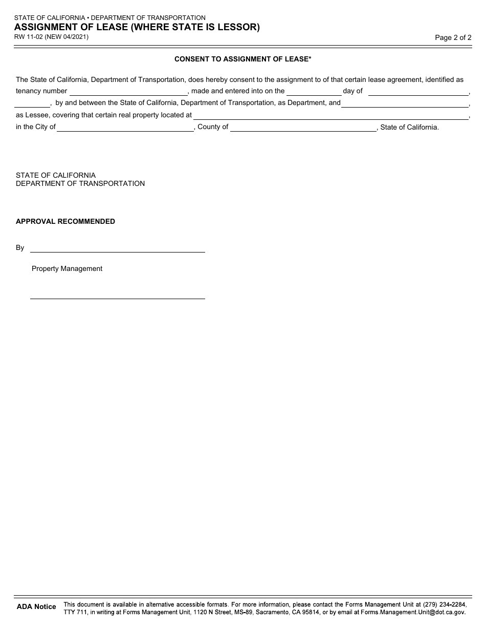 Form RW11-02 Assignment of Lease (Where State Is Lessor) - California, Page 2