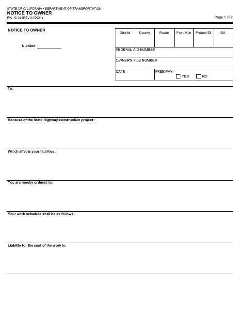 Form RW13-04 Notice to Owner - California