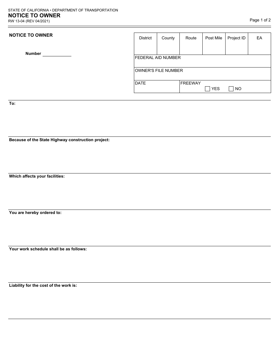 Form RW13-04 Download Fillable PDF or Fill Online Notice to Owner ...