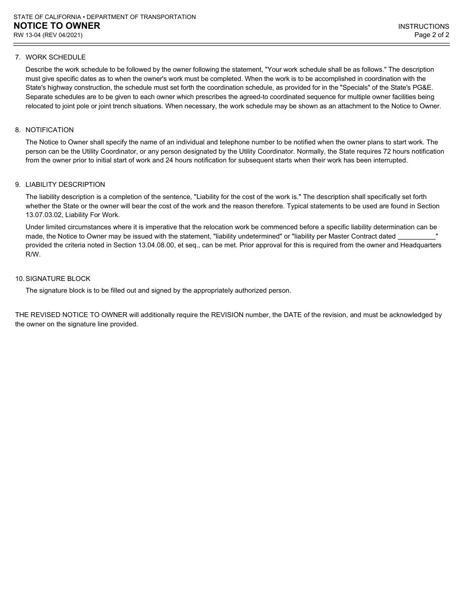 Form RW13-04 Notice to Owner - California, Page 4