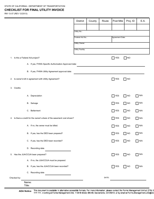 Form RW13-07 Checklist for Final Utility Invoice - California