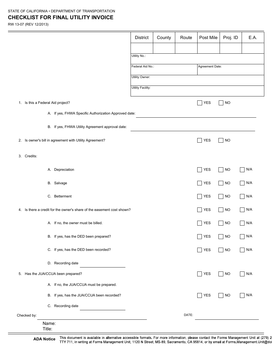 Form RW13-07 Checklist for Final Utility Invoice - California, Page 1