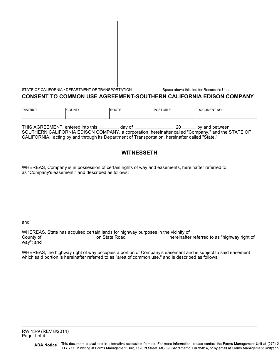 Form RW13-9 Consent to Common Use Agreement - Southern California Edison Company - California, Page 1