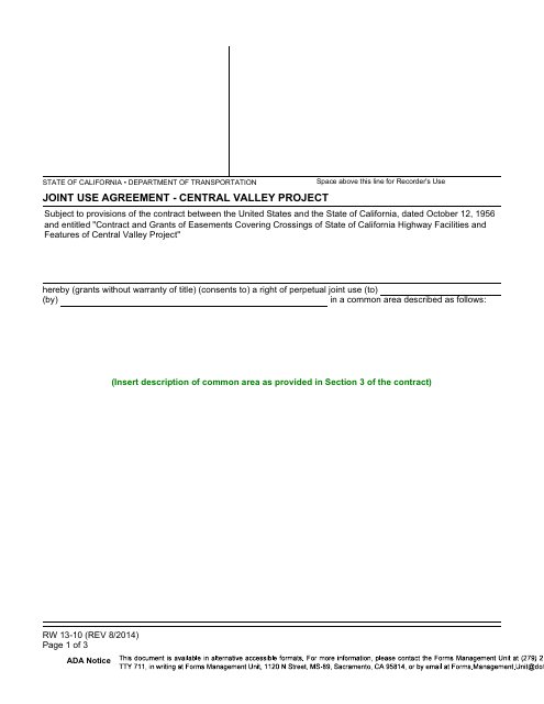 Form RW13-10 Joint Use Agreement - Central Valley Project - California