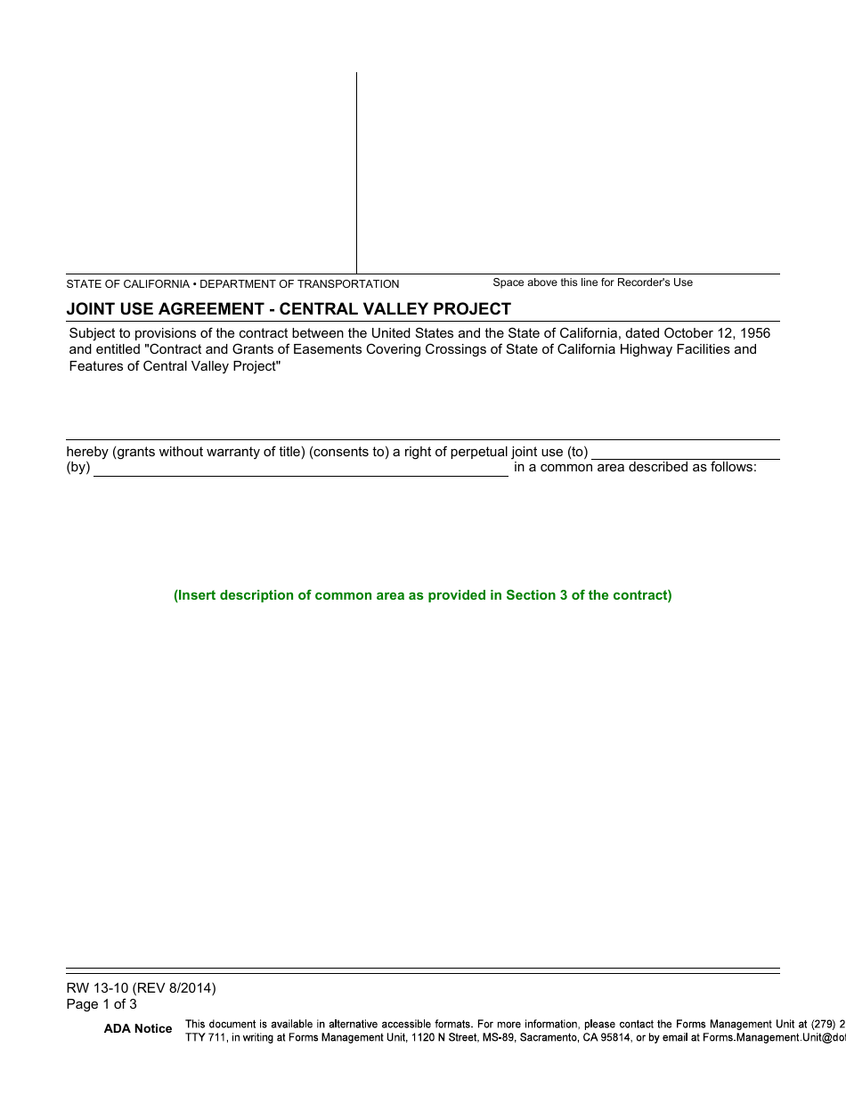 Form RW13-10 Joint Use Agreement - Central Valley Project - California, Page 1