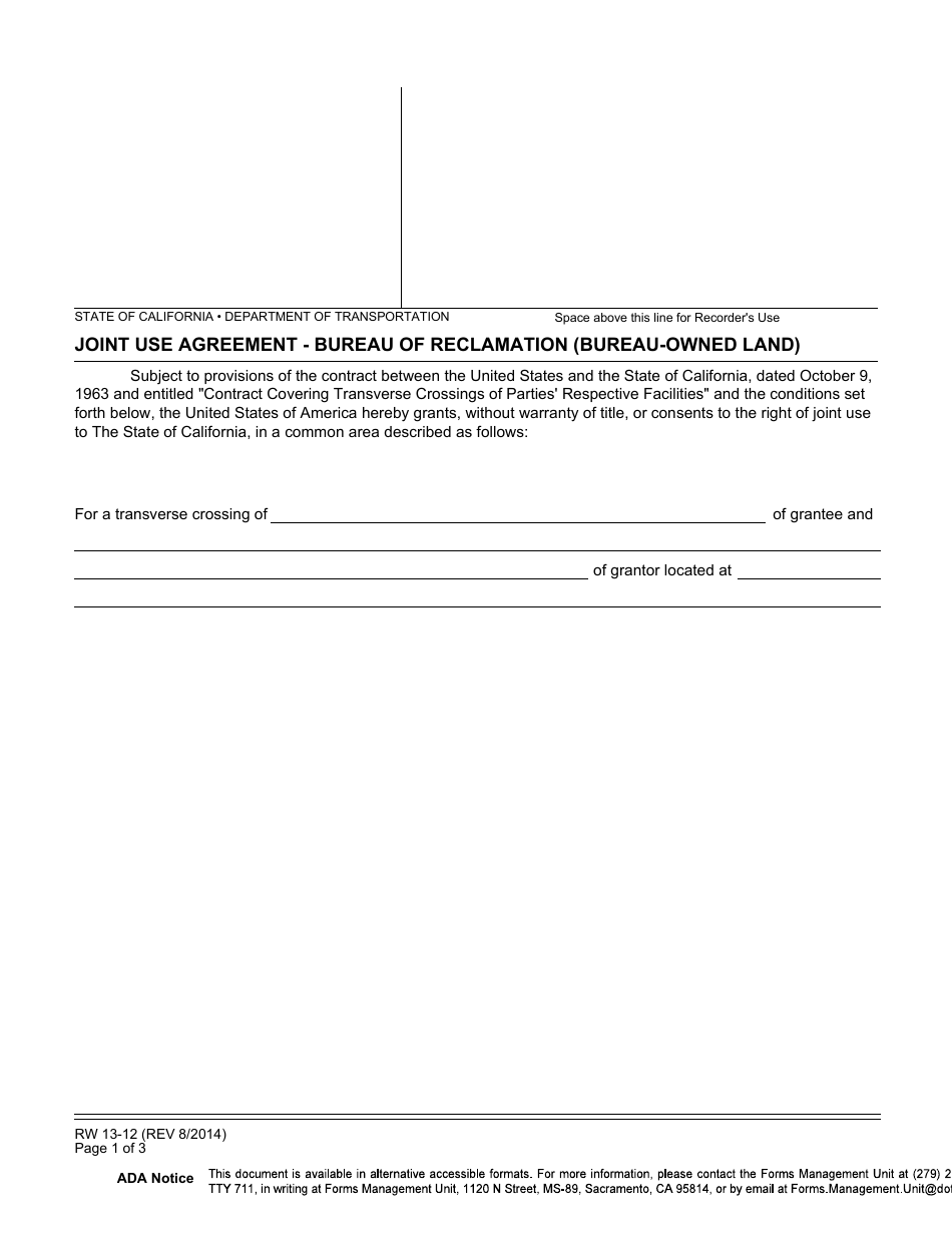 Form RW13-12 Joint Use Agreement - Bureau of Reclamation (Bureau-Owned Land) - California, Page 1