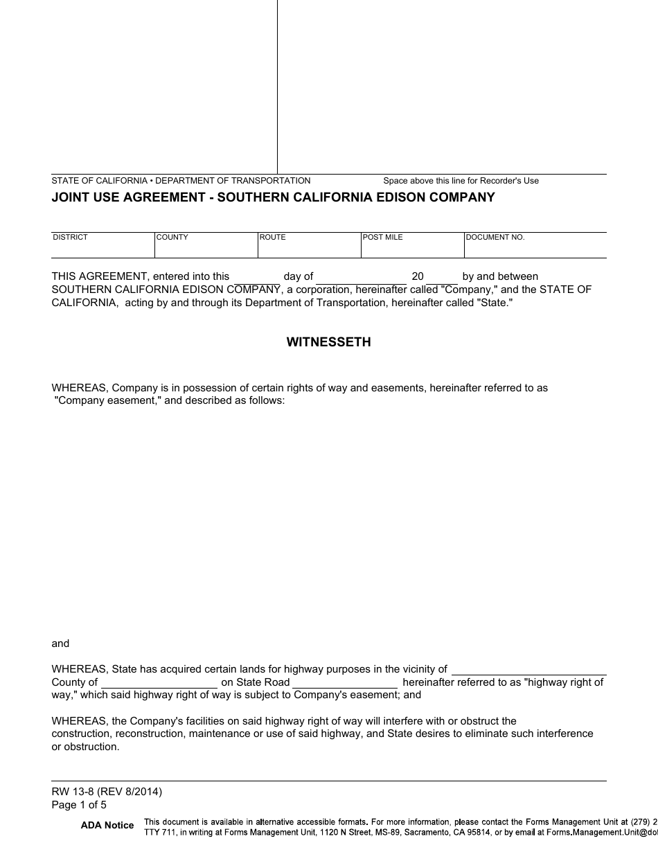 Form RW13-8 Joint Use Agreement - Southern California Edison Company - California, Page 1