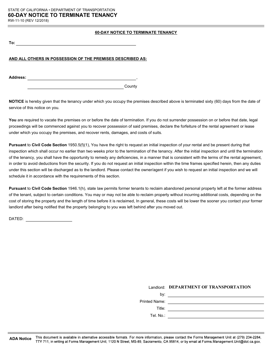 Form RW-11-10 60-day Notice to Terminate Tenancy - California, Page 1