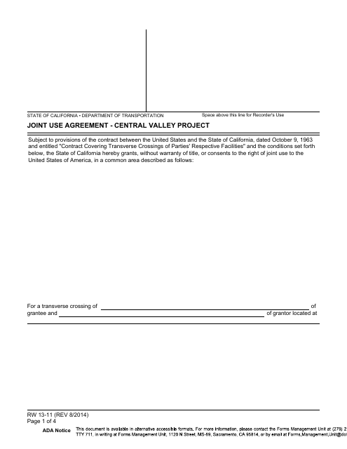 Form RW13-11 Joint Use Agreement - Central Valley Project - California