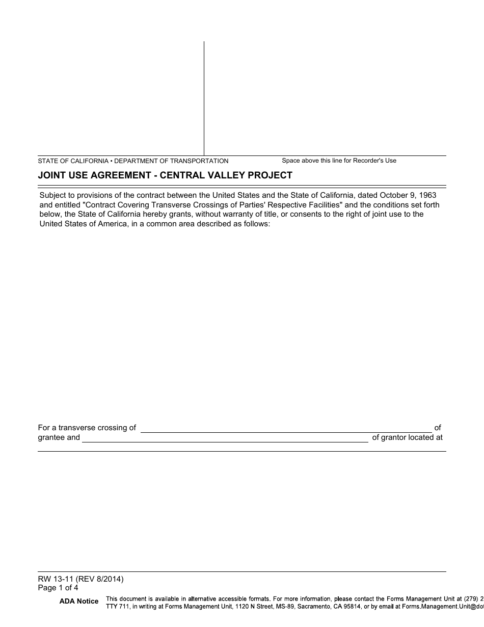 Form RW13-11 Joint Use Agreement - Central Valley Project - California, Page 1