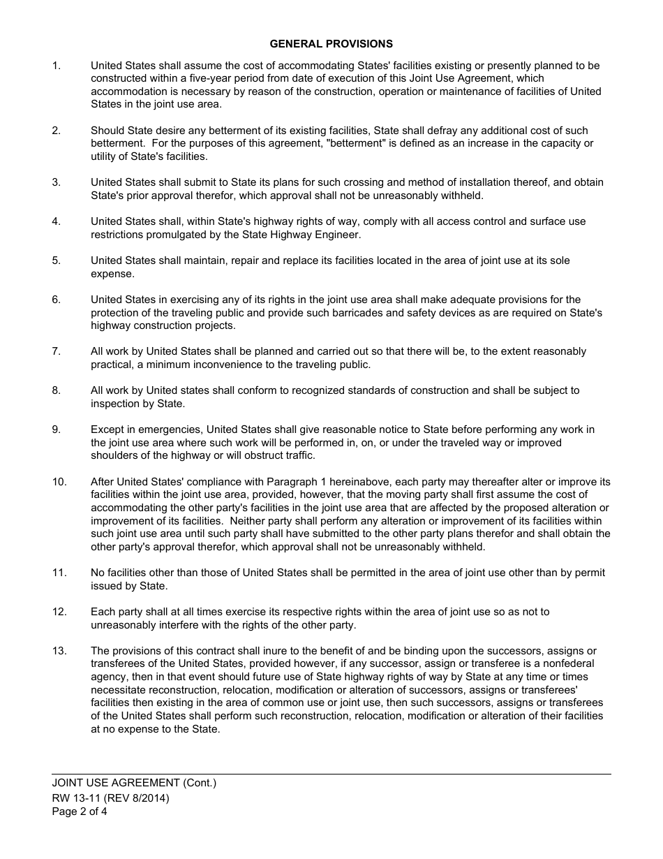 Form RW13-11 Joint Use Agreement - Central Valley Project - California, Page 2