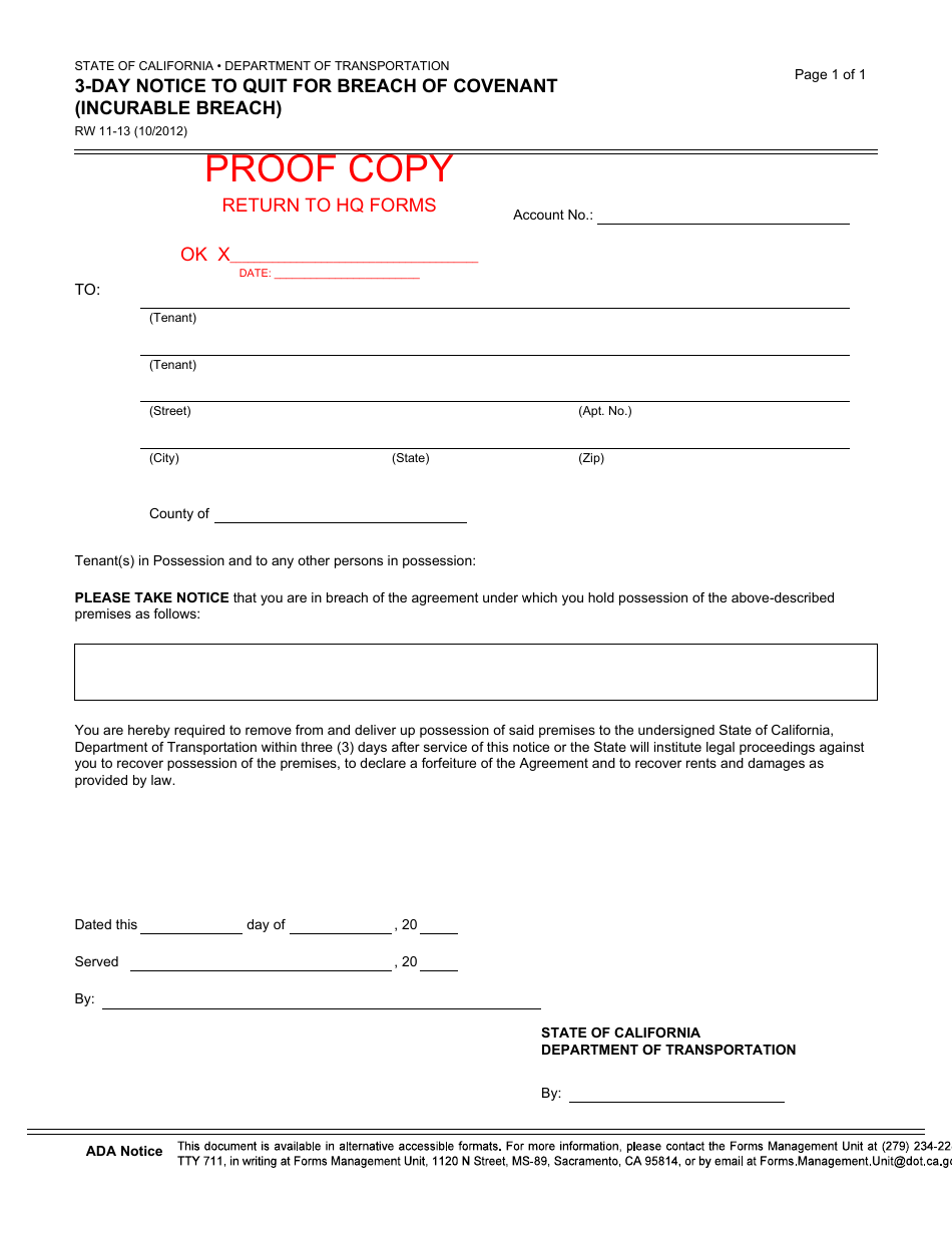 Form RW11-13 3-day Notice to Quit for Breach of Covenant (Incurable Breach) - California, Page 1