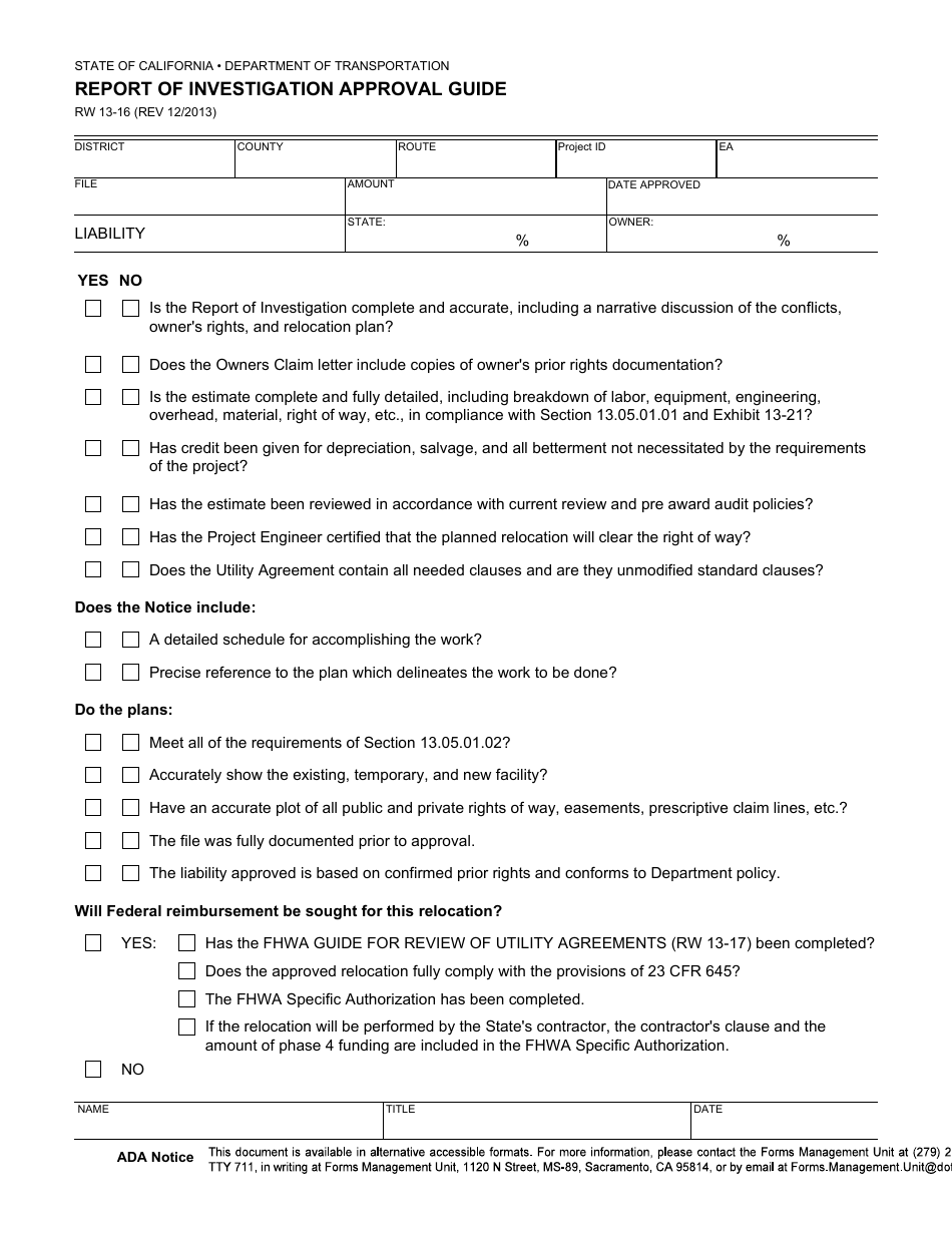 Form RW13-16 Report of Investigation Approval Guide - California, Page 1