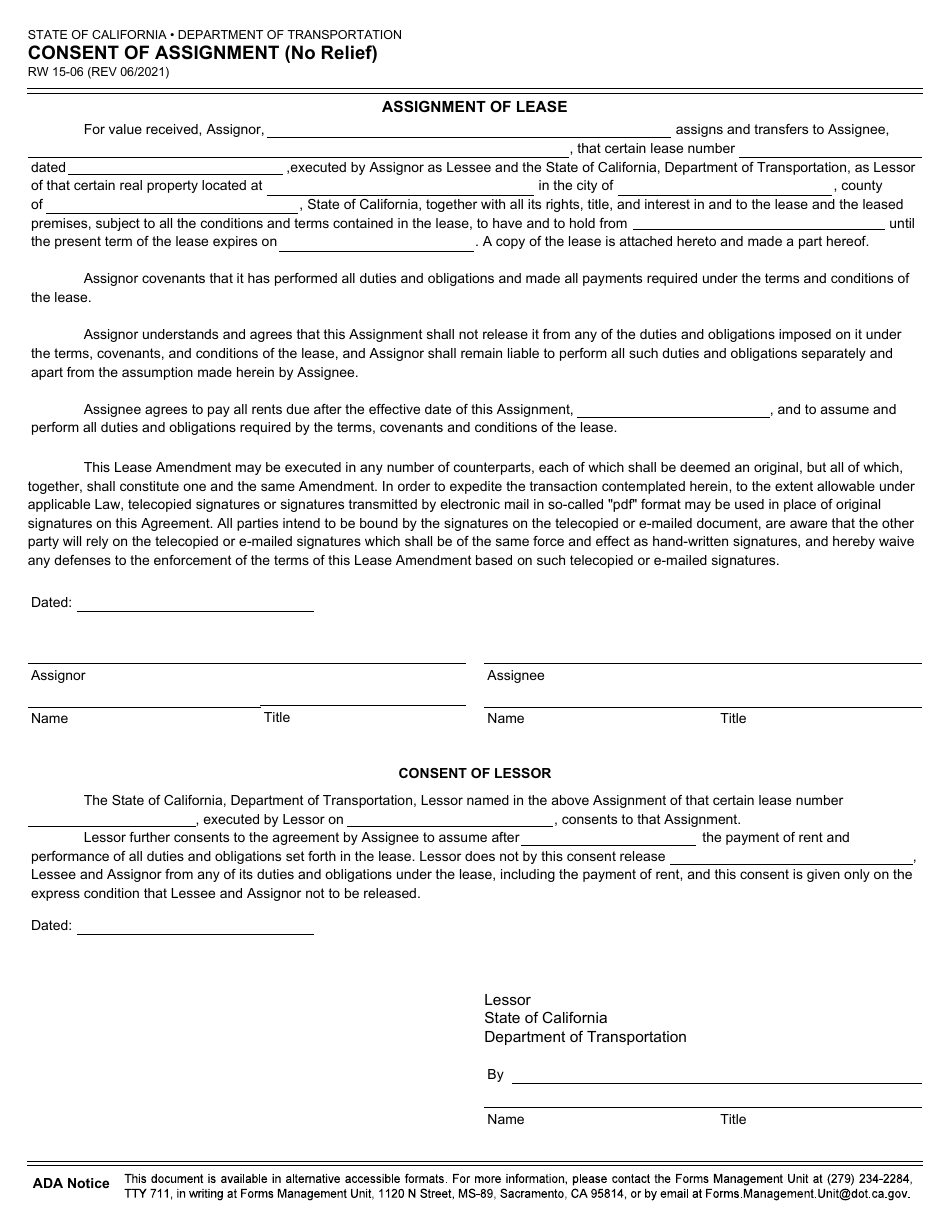 Form RW15-06 Consent of Assignment (No Relief) - California, Page 1