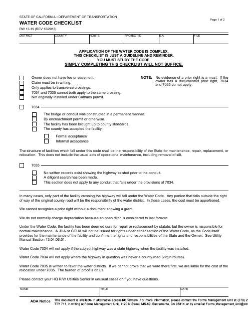 Form RW13-19  Printable Pdf