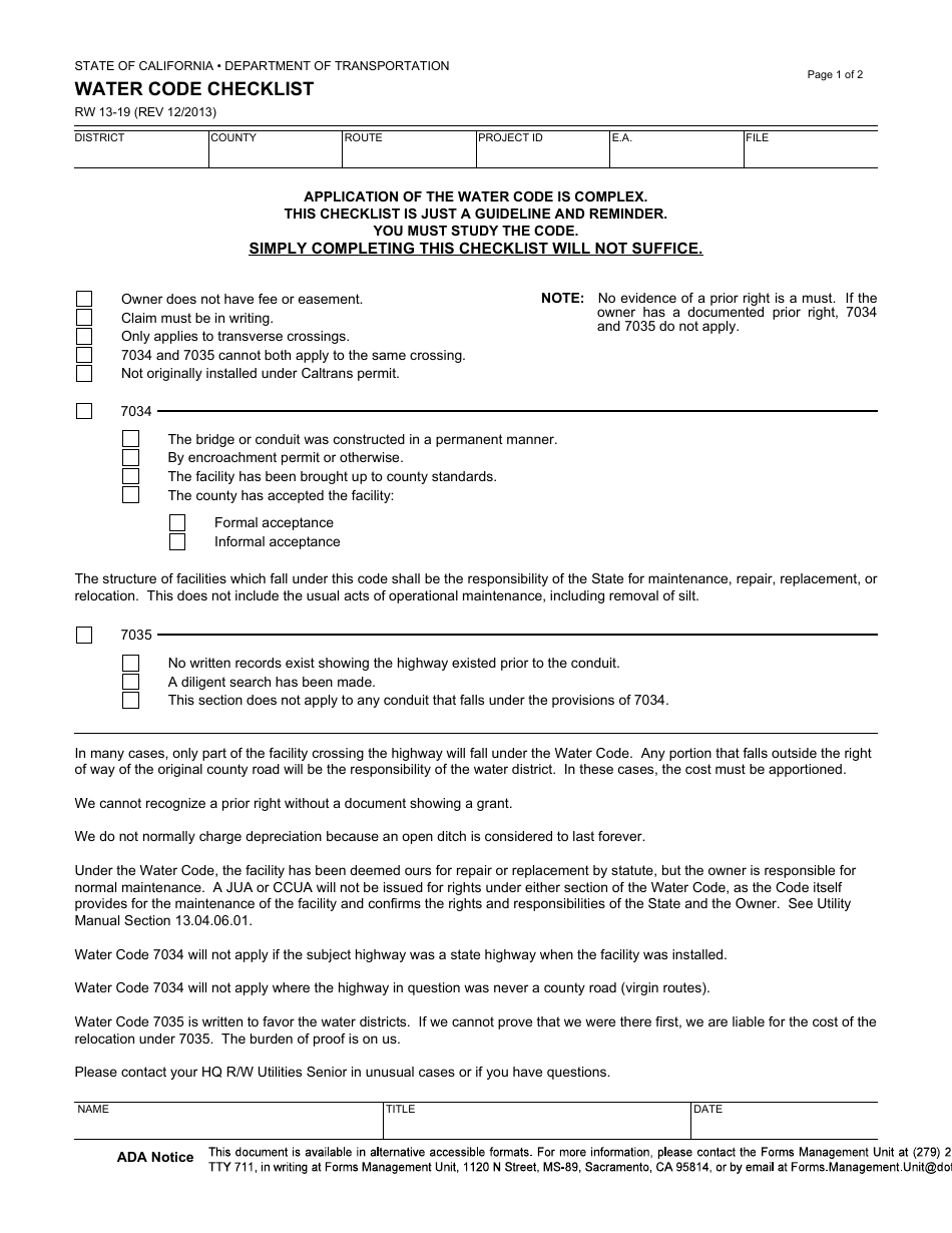 Form RW13-19 Water Code Checklist - California, Page 1