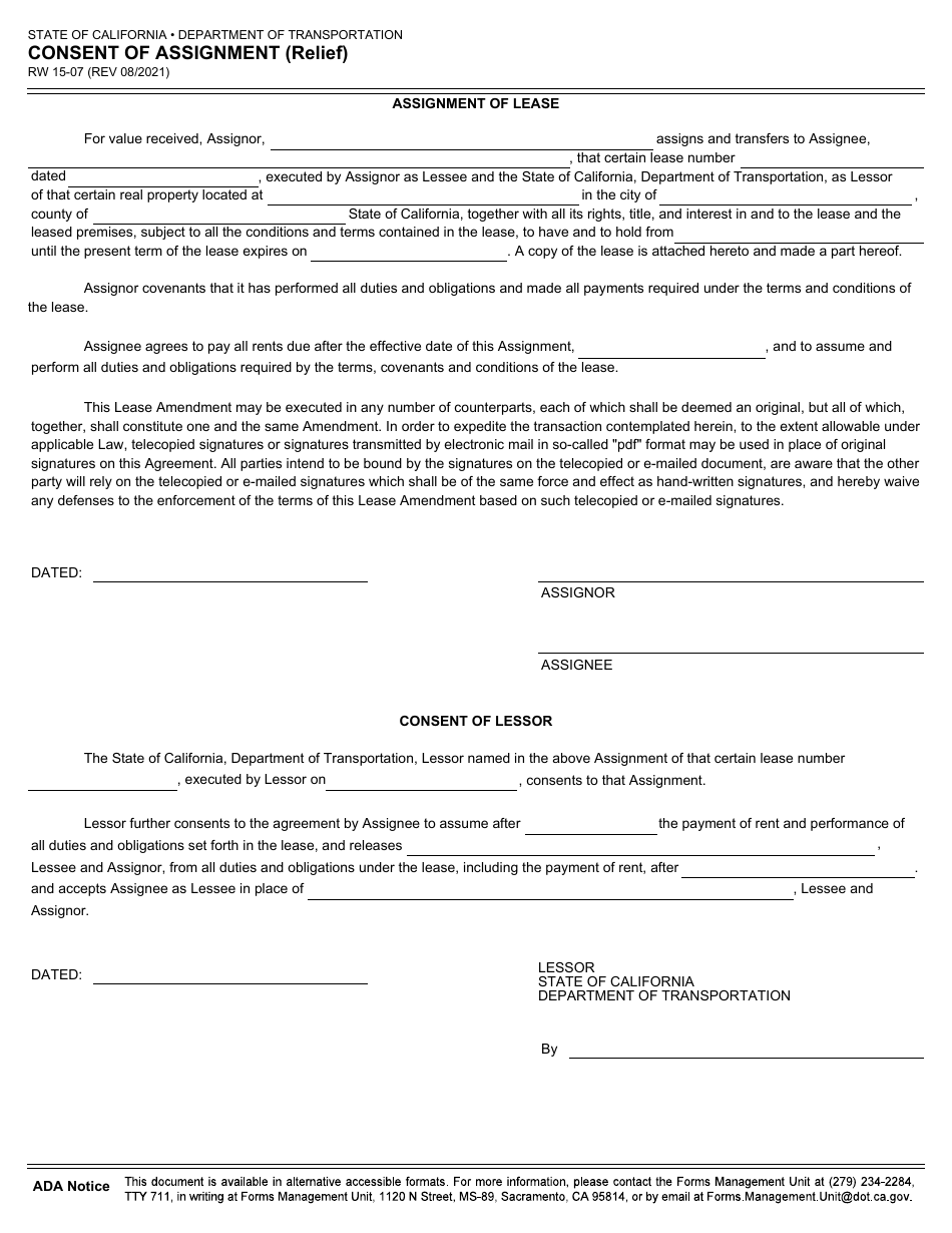 Form RW15-07 Consent of Assignment (Relief) - California, Page 1