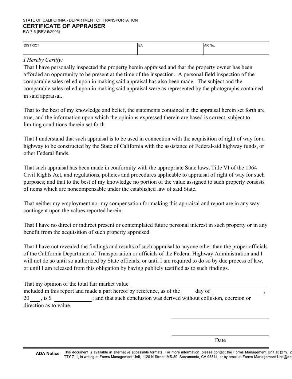 Form RW7-6 Certificate of Appraiser - California, Page 1