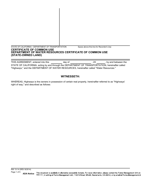 Form RW13-14 Certificate of Common Use Department of Water Resources Certificate of Common Use (State-Owned Land) - California
