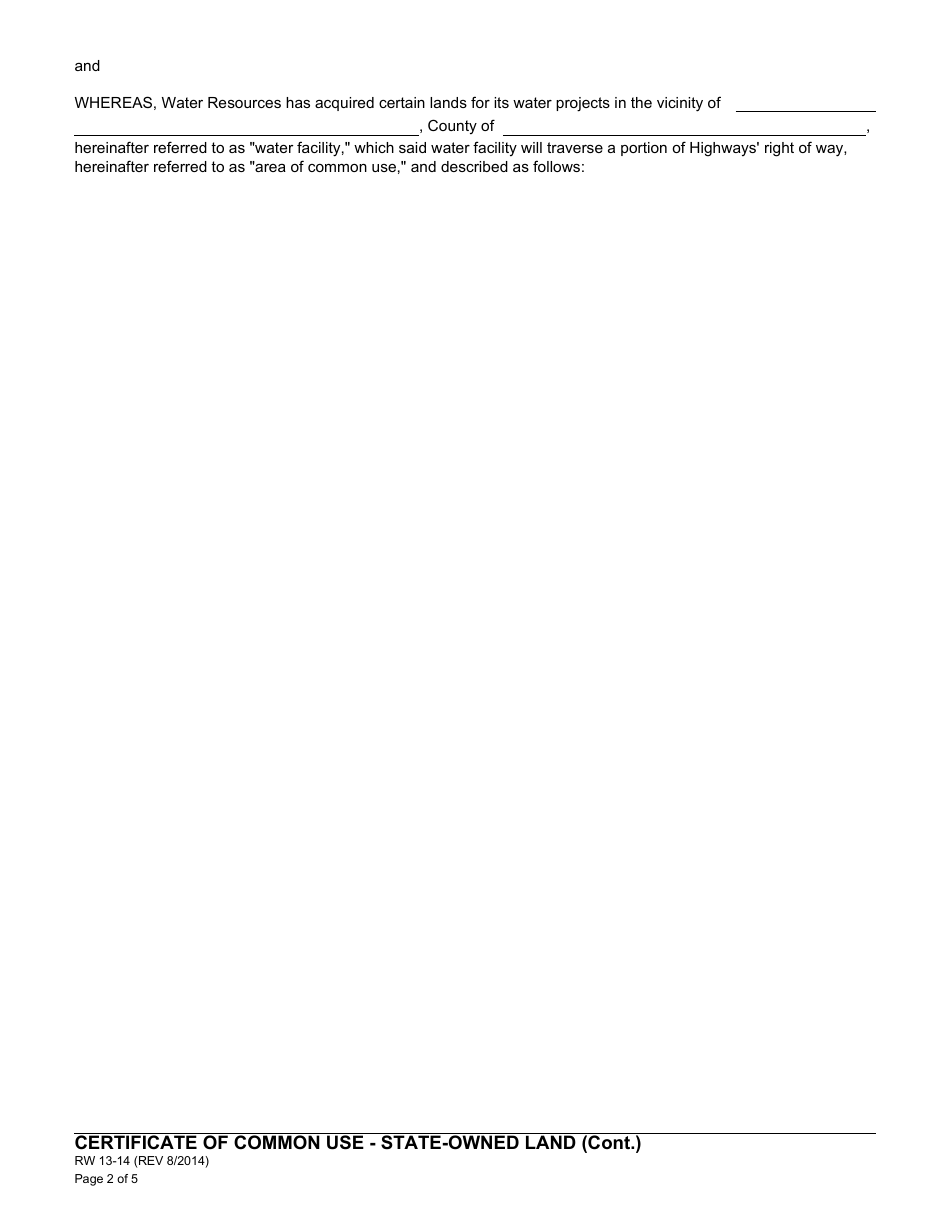 Form RW13-14 Certificate of Common Use Department of Water Resources Certificate of Common Use (State-Owned Land) - California, Page 2