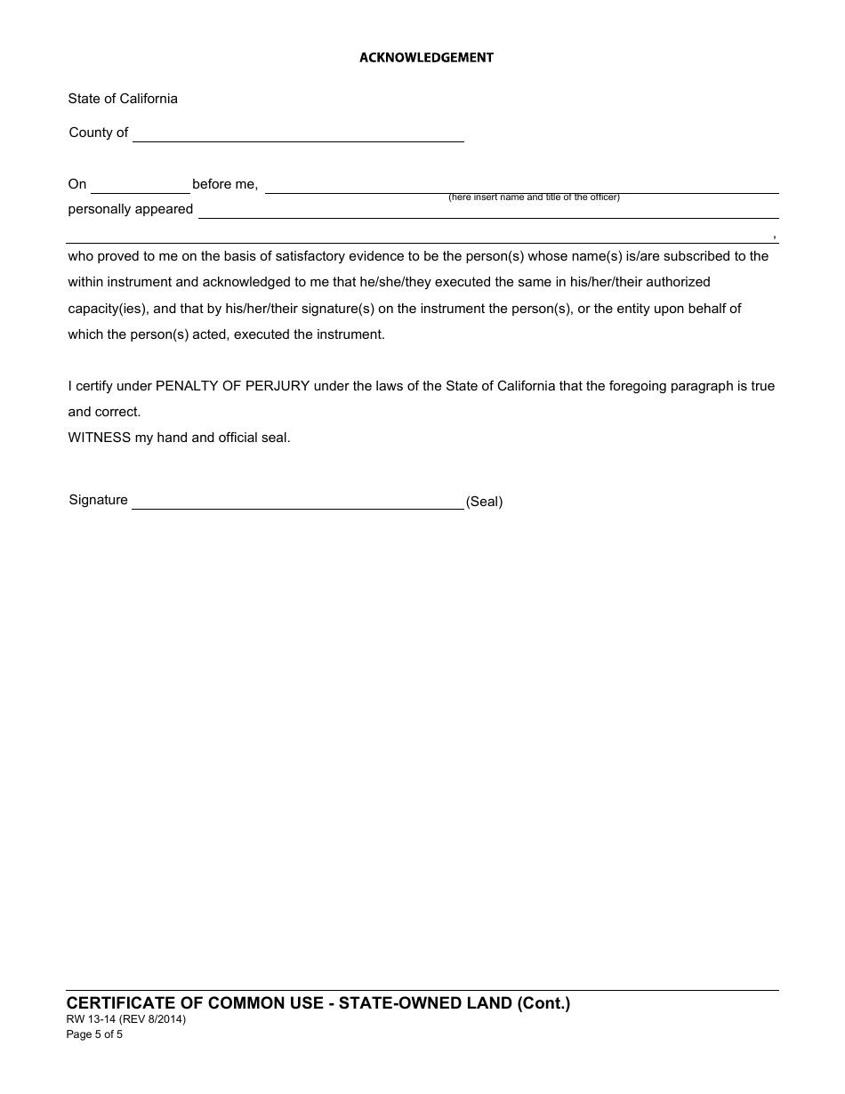 Form RW13-14 Certificate of Common Use Department of Water Resources Certificate of Common Use (State-Owned Land) - California, Page 5