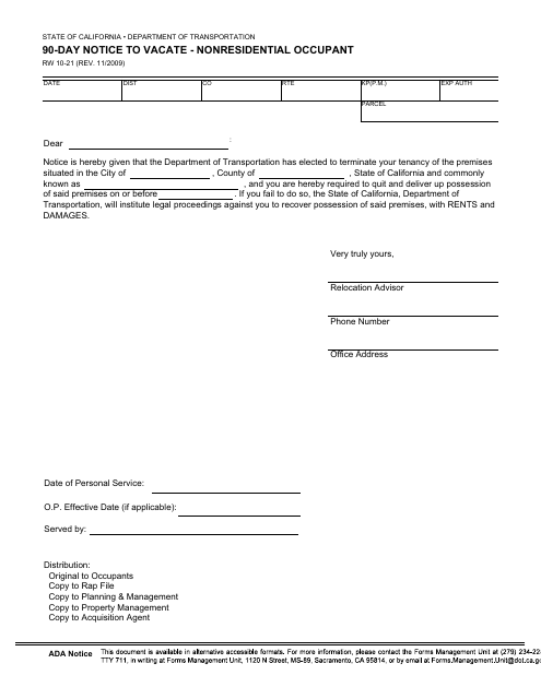 Form RW10-21 90-day Notice to Vacate - Nonresidential Occupant - California