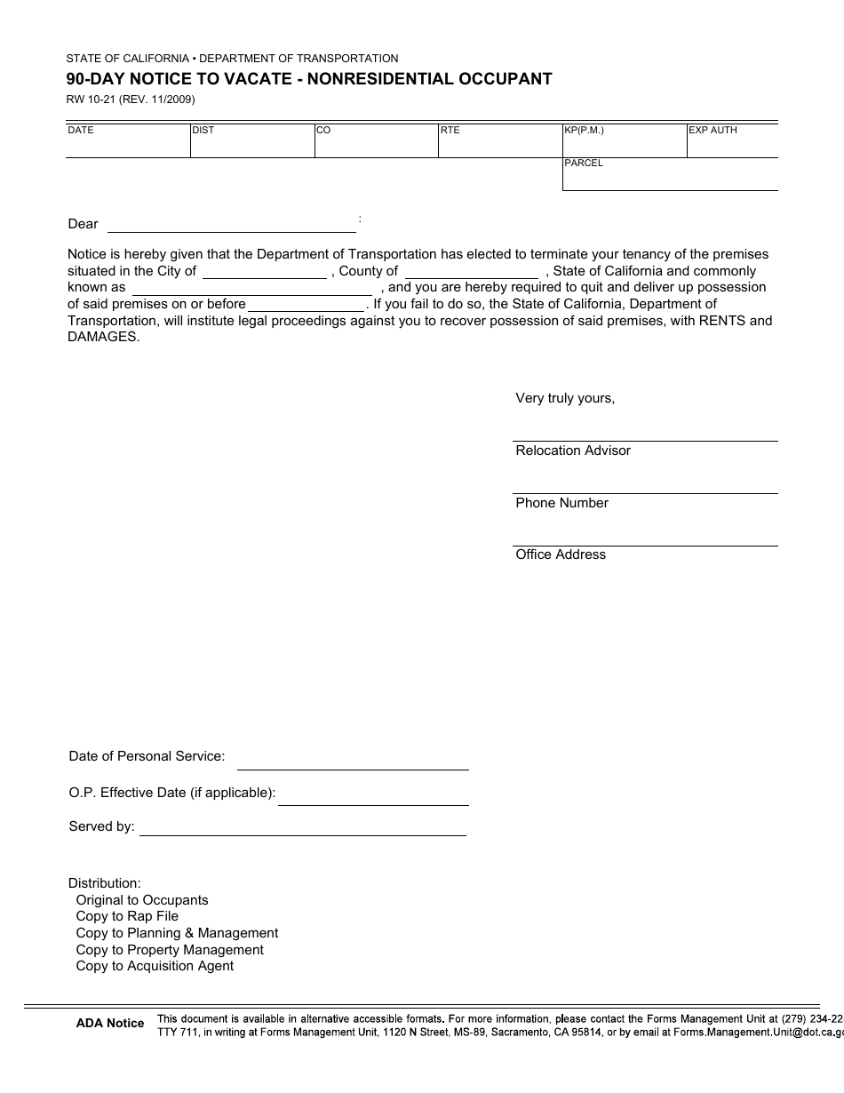 Form RW10-21 90-day Notice to Vacate - Nonresidential Occupant - California, Page 1
