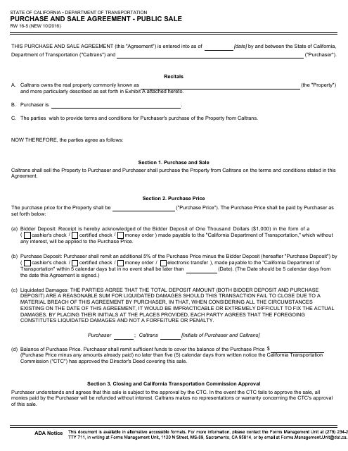 Form RW16-5 Purchase and Sale Agreement - Public Sale - California