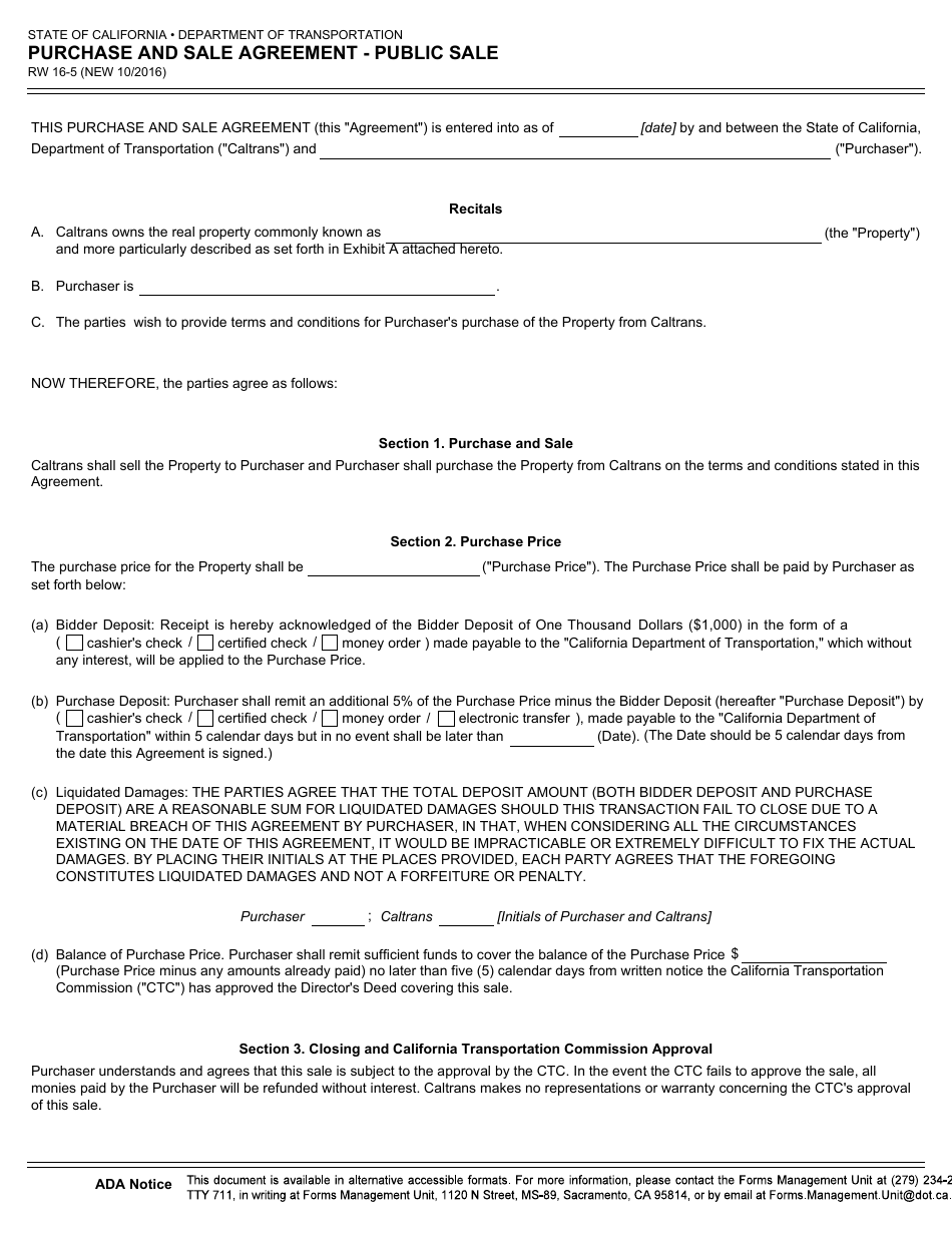 Form RW16-5 Purchase and Sale Agreement - Public Sale - California, Page 1