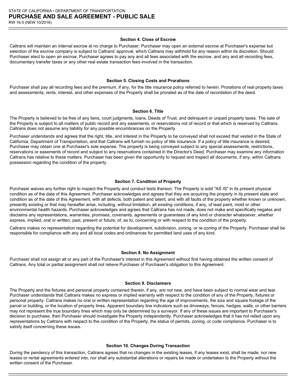 Form RW16-5 Purchase and Sale Agreement - Public Sale - California, Page 2
