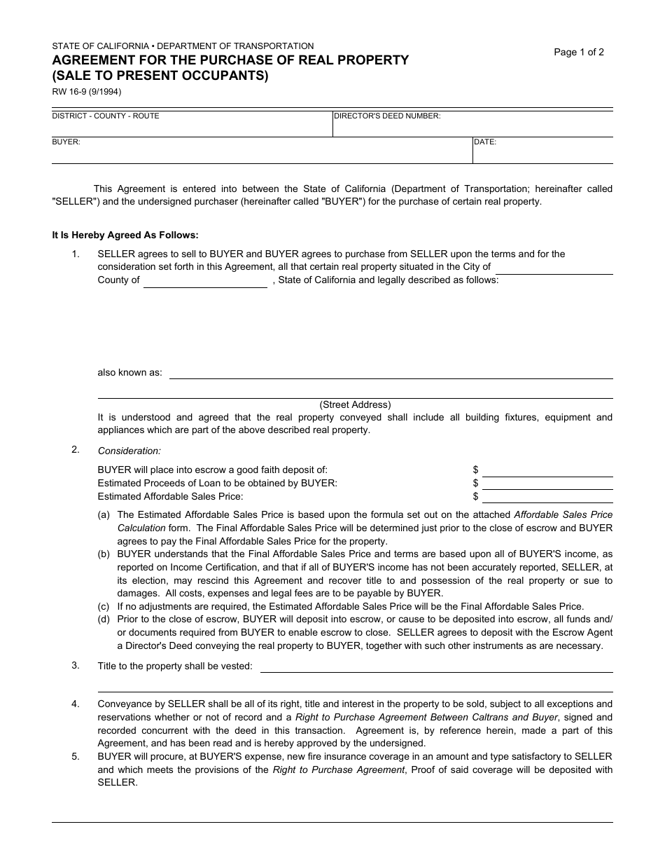 Form RW16-9 Agreement for the Purchase of Real Property (Sale to Present Occupants) - California, Page 1