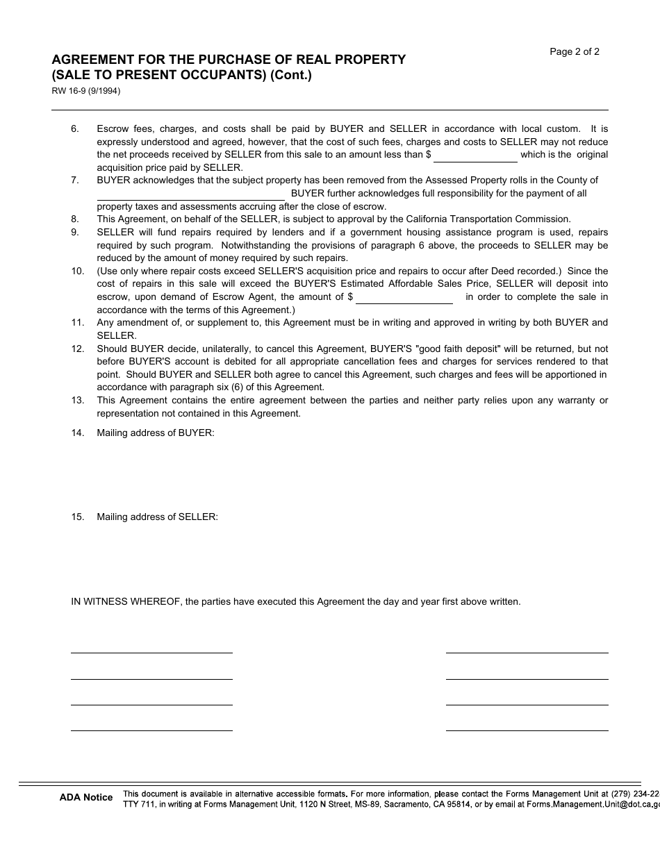 Form RW16-9 Agreement for the Purchase of Real Property (Sale to Present Occupants) - California, Page 2