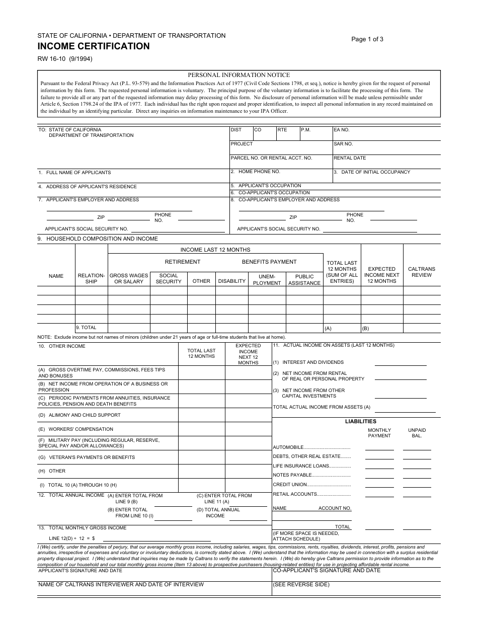 Form RW16-10 Income Certification - California, Page 1