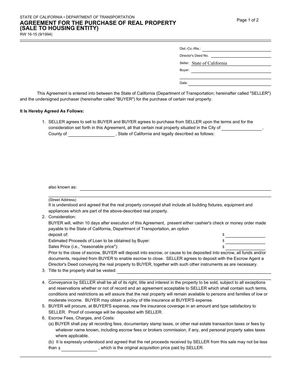 Form RW16-15 Agreement for the Purchase of Real Property (Sale to Housing Entity) - California, Page 1