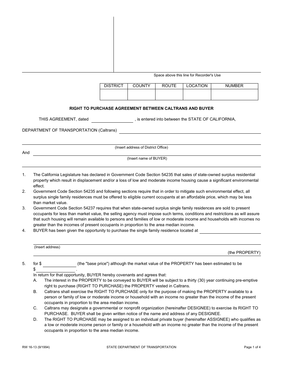 Form RW16-13 Right to Purchase Agreement Between Caltrans and Buyer - California, Page 1