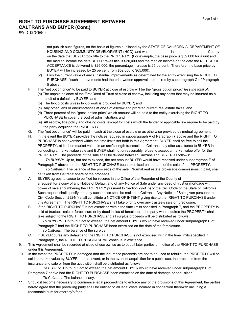 Form RW16-13 Right to Purchase Agreement Between Caltrans and Buyer - California, Page 3