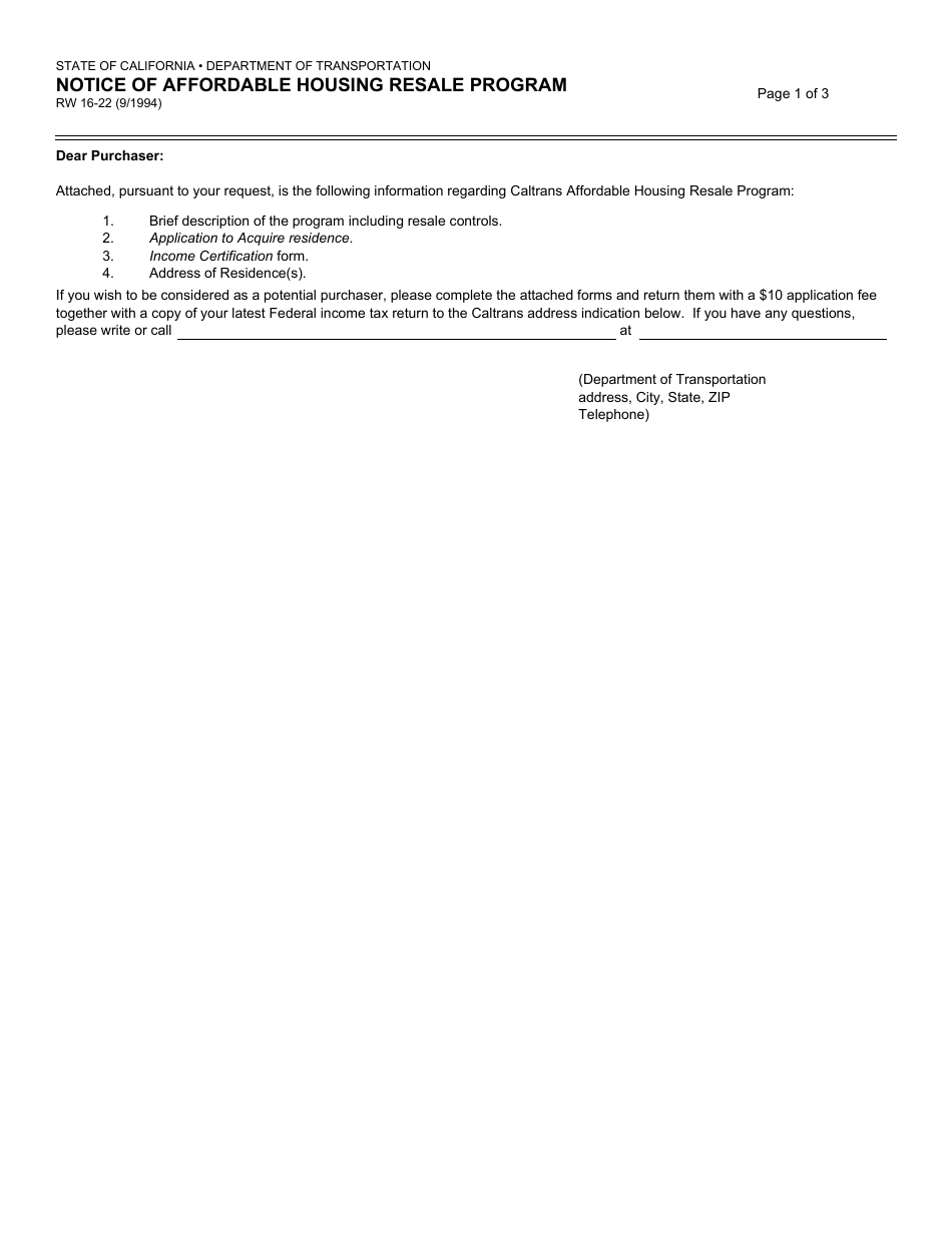 Form RW16-22 Notice of Affordable Housing Resale Program - California, Page 1