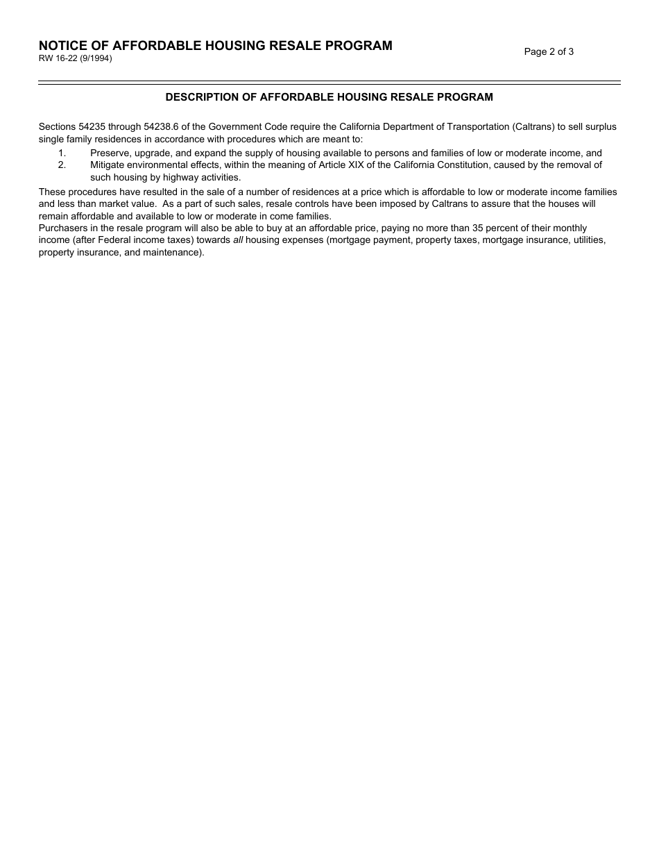 Form RW16-22 Notice of Affordable Housing Resale Program - California, Page 2