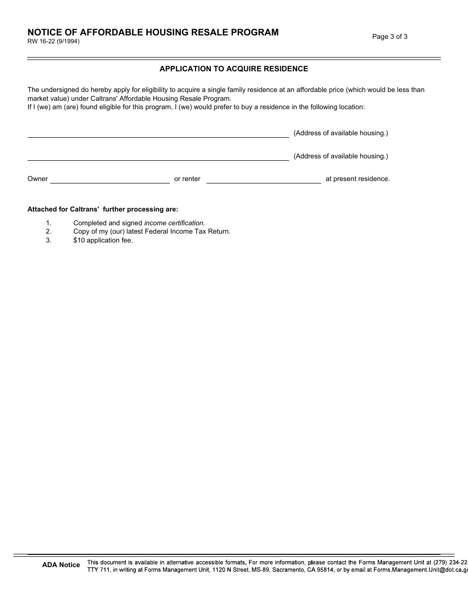Form RW16-22 Notice of Affordable Housing Resale Program - California, Page 3