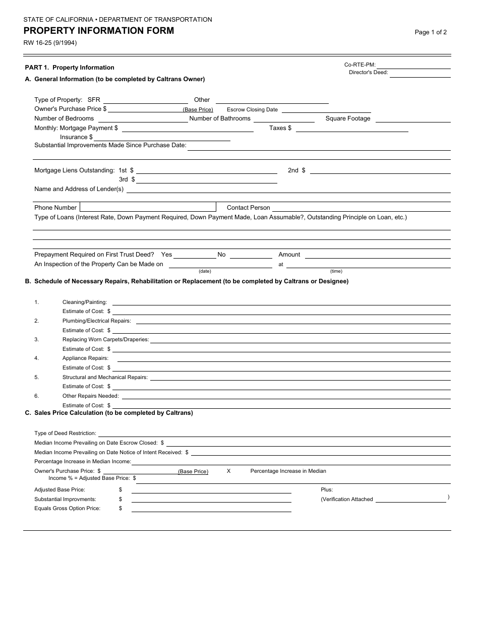 Form RW16-25 Property Information Form - California, Page 1