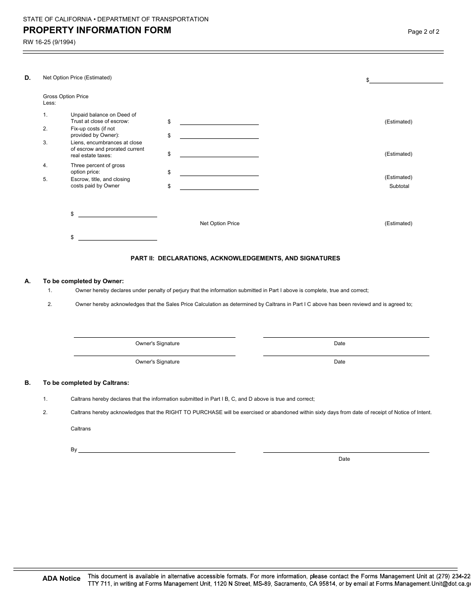 Form RW16-25 Property Information Form - California, Page 2