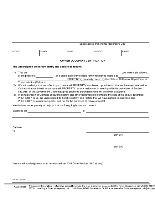 Form RW16-21 Owner-Occupant Certification - California