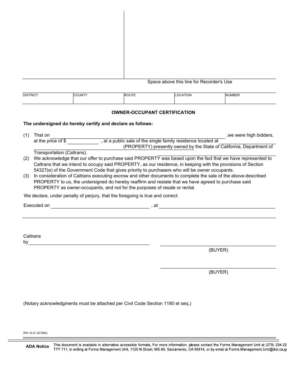 Form RW16-21 Owner-Occupant Certification - California, Page 1