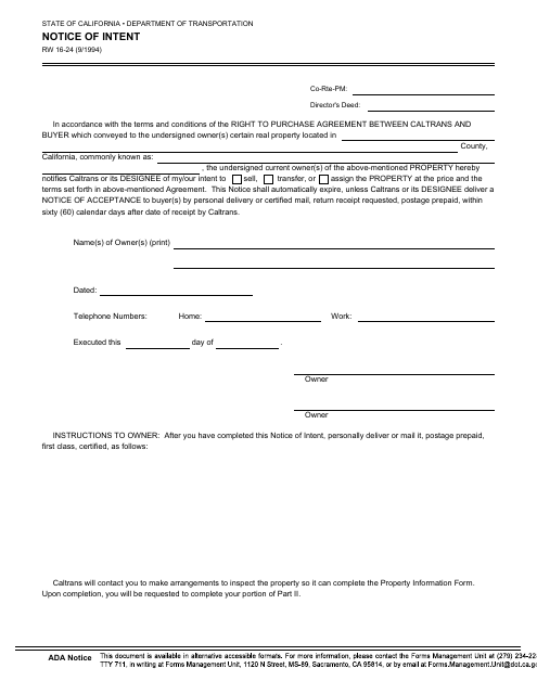Form RW16-24 Notice of Intent - California